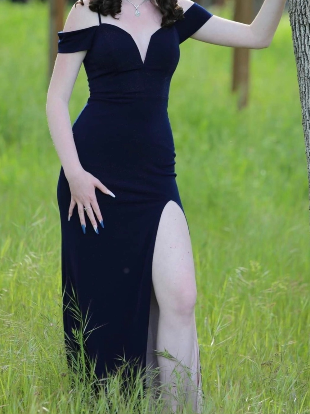 City Studio Navy Blue Maxi Dress with Front Slit
